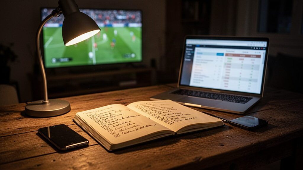 TiviBridge guide to the best IPTV provider in Europe: notebook scoring grid in front of a TV showing a football match