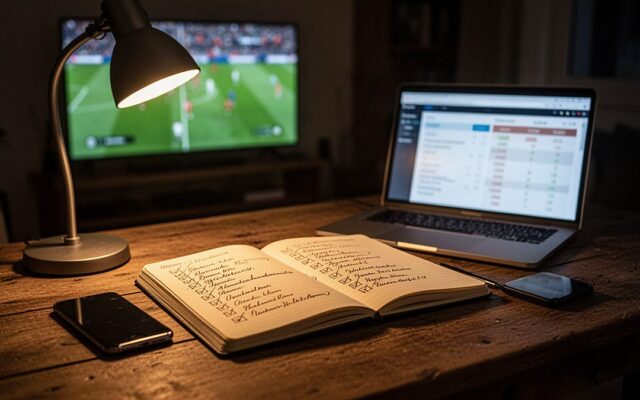 TiviBridge guide to the best IPTV provider in Europe: notebook scoring grid in front of a TV showing a football match