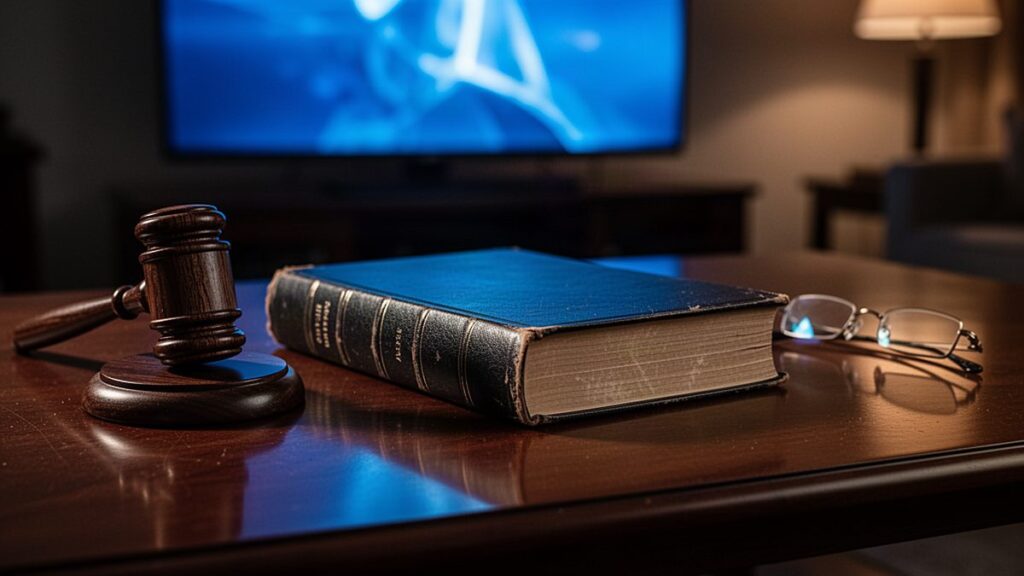 TiviBridge guide to whether IPTV is legal in Europe: law book and provider checklist on a table in front of a TV