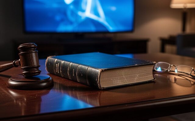 TiviBridge guide to whether IPTV is legal in Europe: law book and provider checklist on a table in front of a TV