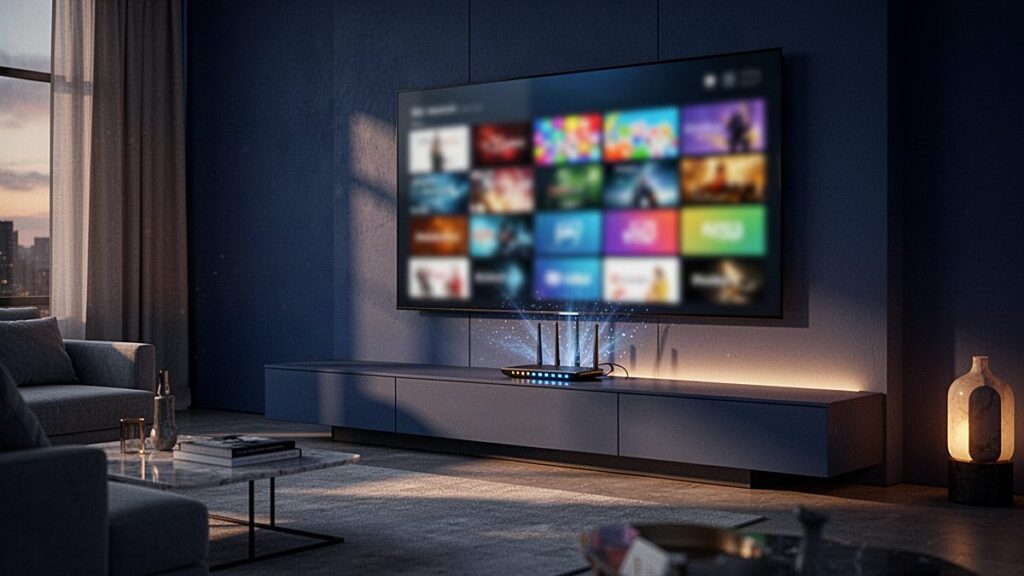 TiviBridge guide to what is IPTV: living room TV showing a programme guide with a streaming stick and router