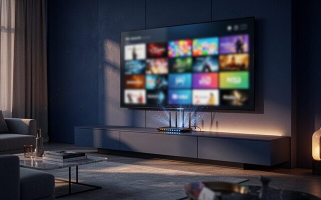 TiviBridge guide to what is IPTV: living room TV showing a programme guide with a streaming stick and router