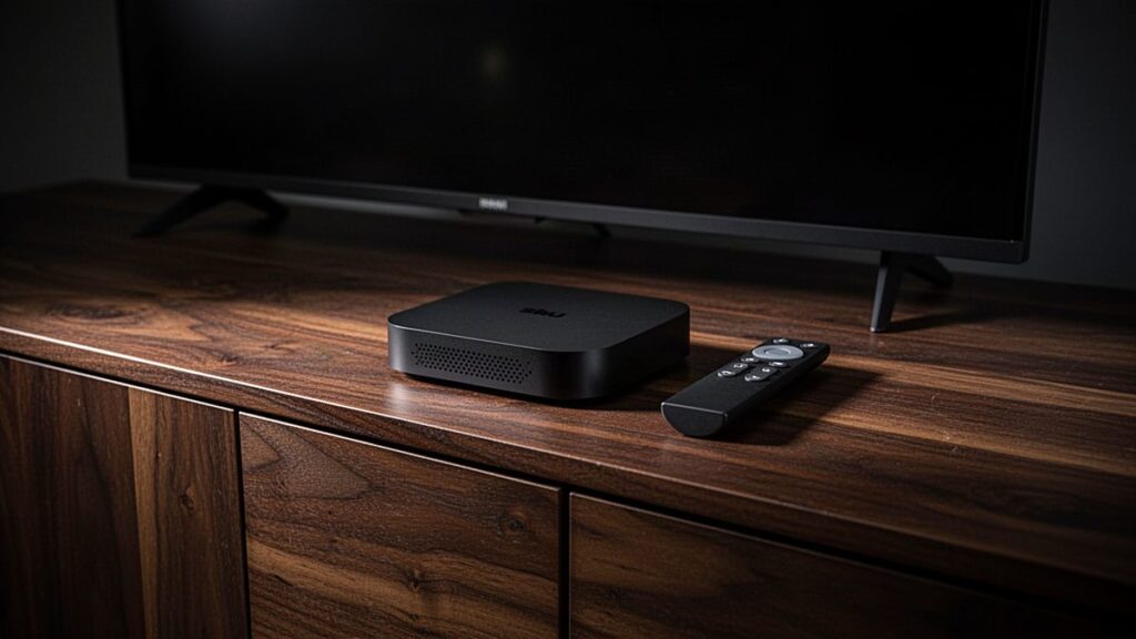 TiviBridge guide to the best IPTV box: streaming sticks and a set-top box on a TV stand below a screen showing football