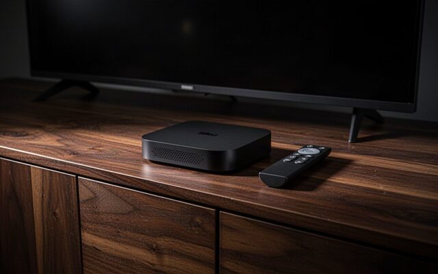 TiviBridge guide to the best IPTV box: streaming sticks and a set-top box on a TV stand below a screen showing football