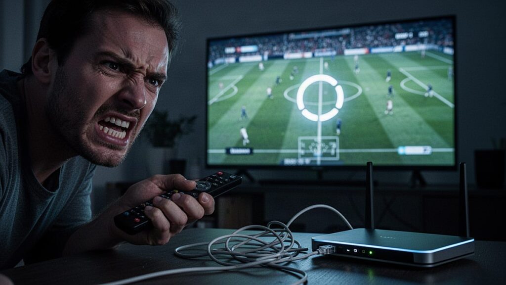 TiviBridge guide to fixing IPTV buffering: powerline adapter and Ethernet cable connecting a streaming box to a TV showing football