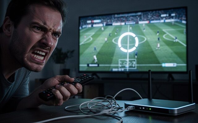 TiviBridge guide to fixing IPTV buffering: powerline adapter and Ethernet cable connecting a streaming box to a TV showing football