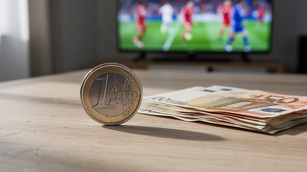 TiviBridge guide to IPTV price in Europe: household budget sheet, calculator and euro coins in front of a TV