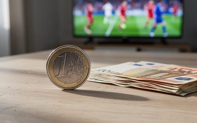 TiviBridge guide to IPTV price in Europe: household budget sheet, calculator and euro coins in front of a TV