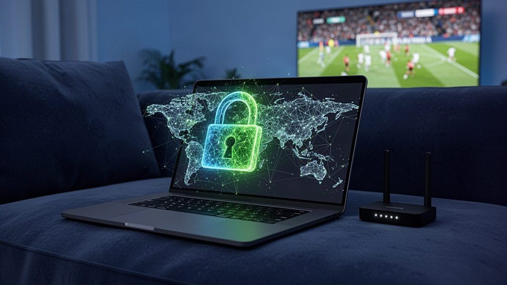 TiviBridge guide to using a VPN for IPTV: a home router beside a sofa facing a TV showing a live football match