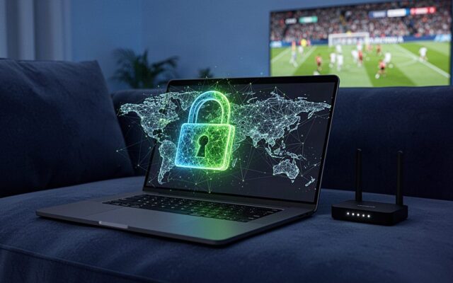 TiviBridge guide to using a VPN for IPTV: a home router beside a sofa facing a TV showing a live football match